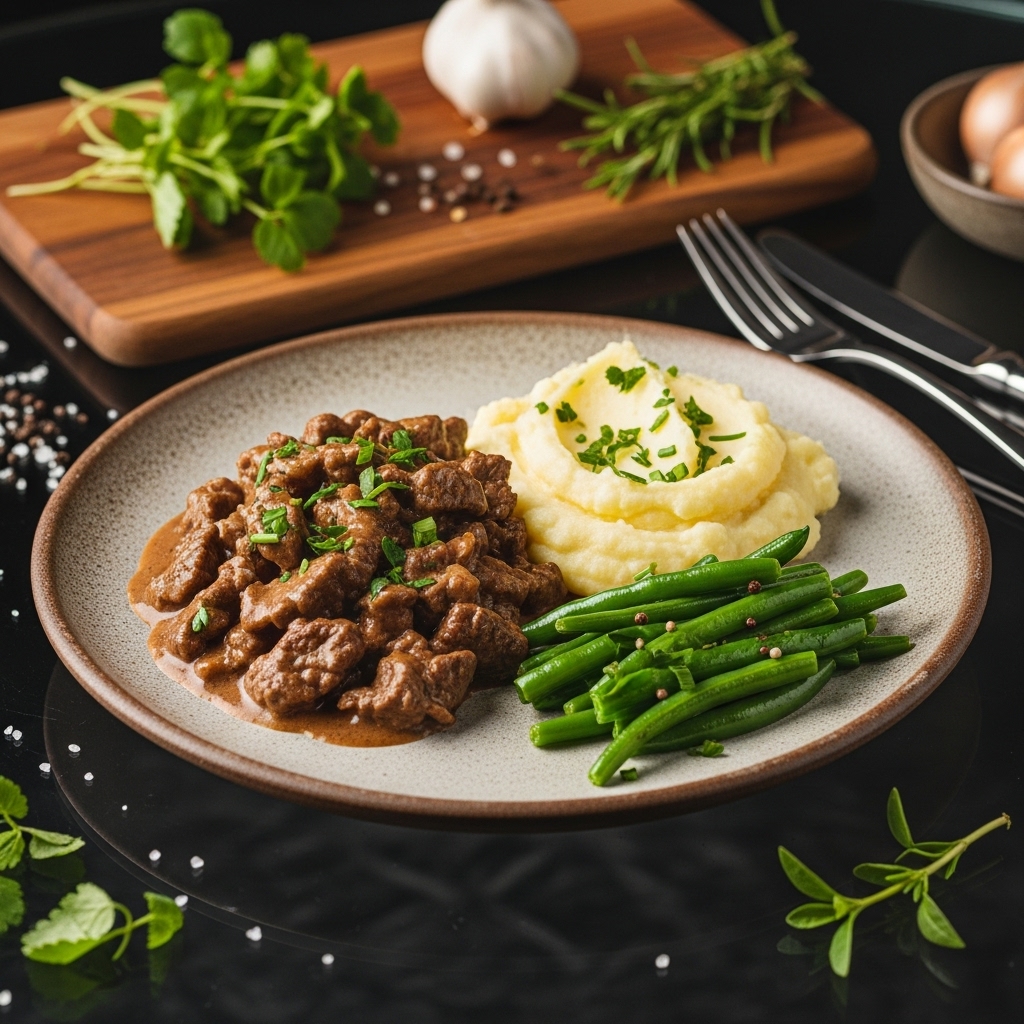 Decadent Russian Dinner: Gluten-Free Beef Stroganoff with Garlic Herb Mashed Potatoes & Sautéed Green Beans